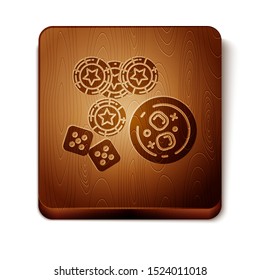 Brown Casino chips, game dice and glass of whiskey with ice cubes icon isolated on white background. Casino poker. Wooden square button. Vector Illustration