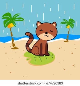 brown cat in the beach. vector cartoon illustration