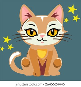 Brown cat, big eyes on deep blue background, vector, illustration.