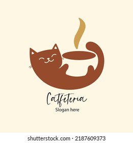 Logo de estilo gráfico de café gato marrón en vector. Nombre del logotipo: "Catfetería"