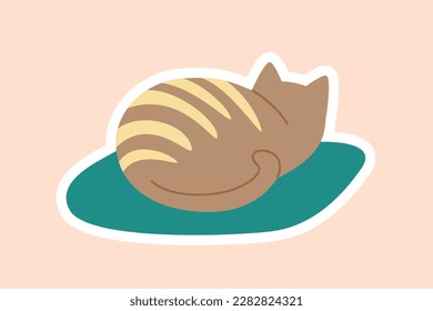 Brown cat at couch sticker. Character lies on pillow and rests. Dream and relax, recuperation. Big and fat kitten. Poster or banner for website. Cartoon flat vector illustration