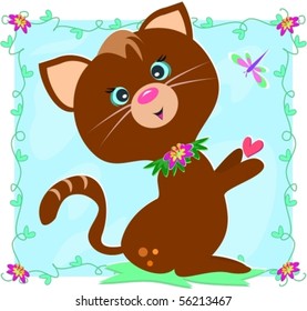 Brown Cat with Dragonflies and Flowers Vector