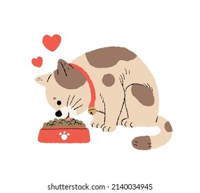 brown cat eating food with love and happy	