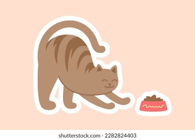 Brown cat with food sticker. Charming kitten near red suit with food. Playful character stretches. Graphic element for social media and messengers. Cartoon flat vector illustration