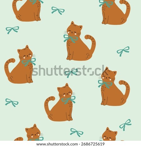 brown cat with green bow seamless pattern , vector , illustration