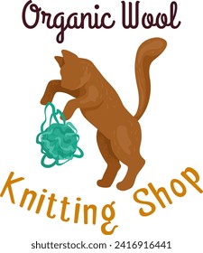 Brown cat holding green yarn ball, cute knitting shop logo design. Crafting, homemade hobbies themed vector illustration.