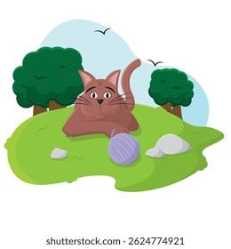 Brown cat playing outside. Vector illustration