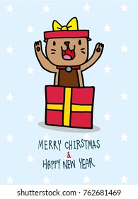 The brown cat in red gift box with yellow ribon. White star pattern on blue background. texts merry christmas and happy new year.