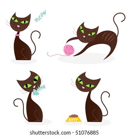 Brown cat series in various poses 1. Stylized series of cartoon kitten characters in 4 different poses. Vector Illustration.