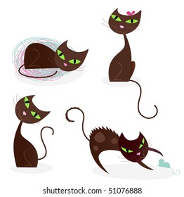 Brown cat series in various poses 2. Collection of cartoon cat characters in four poses. Sleeping cat, fashion cat, sitting cat and cat playing with mouse. Vector Illustration.