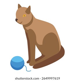 Brown cat sitting and looking at blue yarn ball isometric illustration
