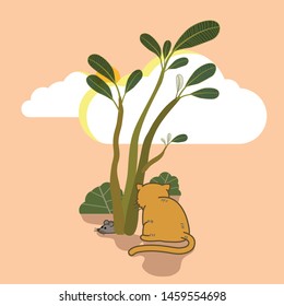 Brown cat sitting waiting in front of a tree and a little grey mouse hinding behind the tree, pale orange background, vector illustration.