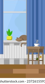 Gato marrón durmiendo en la ventana - dibujo a color. Gráficos vectoriales de una habitación con cortinas azules y una batería blanca. Ilustración EPS 10