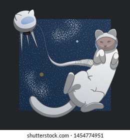 Brown cat in a spacesuit hovers in space. He is attached to his ship by a pipe. The background consists of stars and planets. Black frame. Vector.