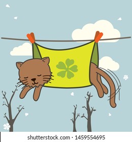 Brown cat taking a nap wrapped in cloth hanging on clothes hanger line. cozy cat napping position. vector illustration, hygge day. 