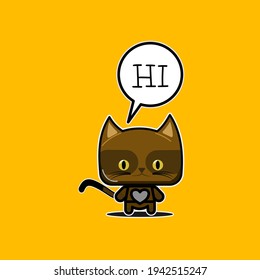 Brown cat vector says hi cute for kids stickers, comics, children's books, pins, logos, animated videos