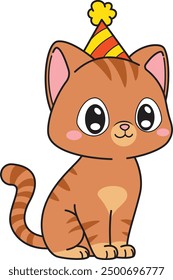 Brown cat wearing birthday hat vector illustration