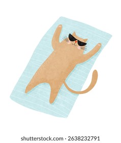 Brown Cat Wearing Sunglasses Sunbathing While Lying On A Blue Towel. Summer Time. Hand Drawn Vector Illustration Of Happy Kitty Relaxing  On A Beach. RGB.