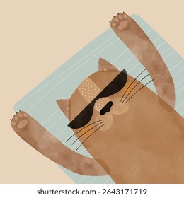 Brown Cat Wearing Sunglasses Sunbathing While Lying On A Blue Towel. Summer Time. Hand Drawn Vector Illustration Of Happy Kitty Relaxing On A Beach. Happy Kitty Having Relax. 