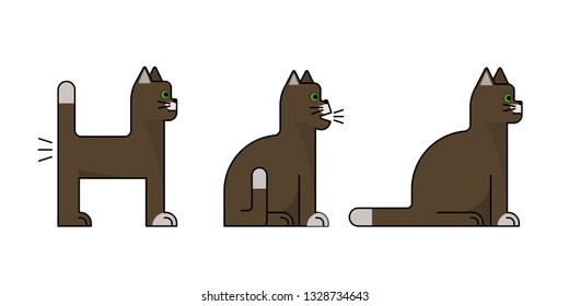 Brown cats. Collection of flat icons. Sitting, standing, farting Vector illustration