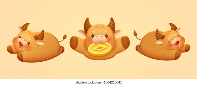 Brown cattle cartoon characters isolated on beige background. Concept of 2021 Chinese zodiac sign ox and lunar new year celebration.