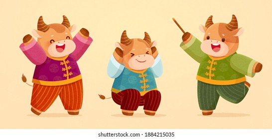 Brown cattle with Chinese costumes. Animal cartoon characters isolated on beige background. Concept of 2021 Chinese zodiac sign ox and lunar new year celebration.