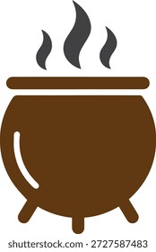 Caldeirão castanho com vapor cinza escuro levantando-se do em um fundo branco fumaça de cozinha