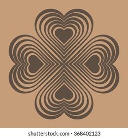 Brown Celtic heart knot - stylized symbol. Made of hearts. Four-leaf clover. Isolated design element. Beige background. Vector illustration.