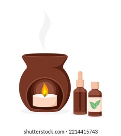 Brown ceramic aroma lamp with a burning candle inside and bottles of essential oil on a white background. Flat vector illustration