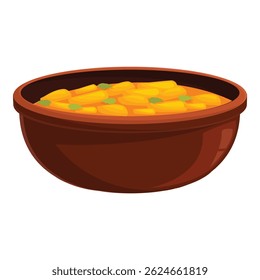 Brown ceramic bowl overflowing with steaming hot delicious soup