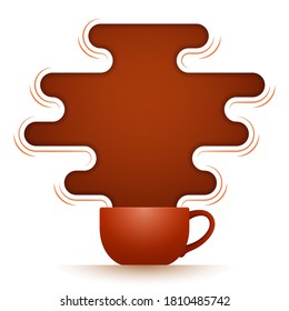 Brown ceramic cup of fresh black tea and hot steam above teacup, with place for your text and design, over white background. Concept of delicious beverage, healthy drinking, relaxing pastime
