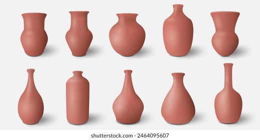 Brown ceramic flower pot,3d style vector set. Vertical terracotta vase isolated porcelain tube. Cylinder pipe bottle collection. Decorative pottery sculpture empty mockup