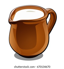 Brown ceramic jug with milk, cream or sour cream isolated on a white background. Cartoon vector close-up illustration.