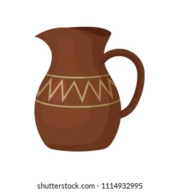 Brown ceramic jug with one handle and geometric ornament. Ceramic crockery. Flat vector for promo poster of antiques store