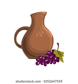 Brown ceramic pitcher of wine. Bunch of ripe grapes with green leaf. Traditional Georgian drink. Travel to Georgia. Alcoholic beverage. Flat vector icon