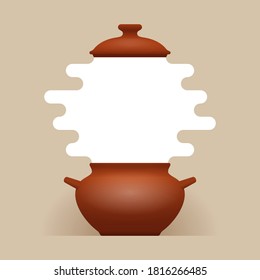 Brown ceramic pot of soup or stewed food with raised lid and white hot steam, with place for your text, design for menu or recipe