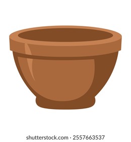 Brown ceramic pottery flower pot vector illustration, clay flowerpot clip art, brown bowl container clipart image, isolated on white background