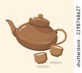 Brown Ceramic Tea Pot and Tea Cups Vector Illustration | Traditional Brown Tea | Tea time and Morning Meal | Isolated Asian Drink Flat Design Element