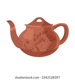 Tetera cerámica marrón con ilustración vectorial ornamenta. Dibujo de caricatura de una olla para té o café aislado en fondo blanco. Cocina, cerámica, concepto de té