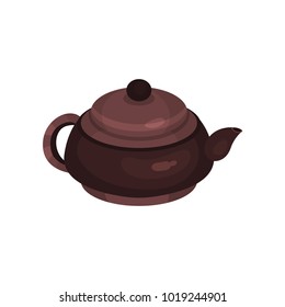 Brown ceramic teapot, tea ceremony element cartoon vector Illustration