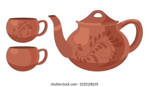 Brown ceramic teapot with teacups vector illustrations set. Collection of cartoon drawings of pot and cups with ornament isolated on white background. Kitchenware, pottery, teatime concept