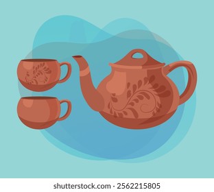 Brown ceramic teapot with teacups vector illustrations set. Collection of cartoon drawings of pot and cups with ornament on abstract background. Kitchenware, pottery, teatime concept