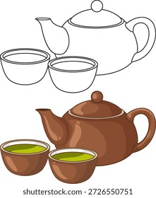 Braune Keramik-Teekanne mit zwei grünen Teetassen in farbigen und Linien-Kunst-Vektorstilen