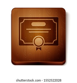 Brown Certificate template icon isolated on white background. Achievement, award, degree, grant, diploma. Business success certificate. Wooden square button. Vector Illustration
