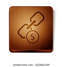 Brown Chain link and coin icon isolated on white background. Link single. Hyperlink chain symbol. Wooden square button. Vector Illustration