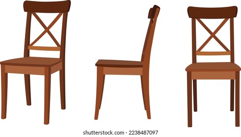 Brown Chair Wooden Set Vector Front Side Angle Prop Illustration Art