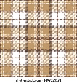 Brown check plaid pattern. Seamless tartan plaid vector background texture in brown and white for flannel shirt, blanket, throw, or other modern textile design. Stitched effect.