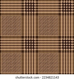 Brown check plaid. Scottish hounds tooth pattern fabric swatch close-up. 