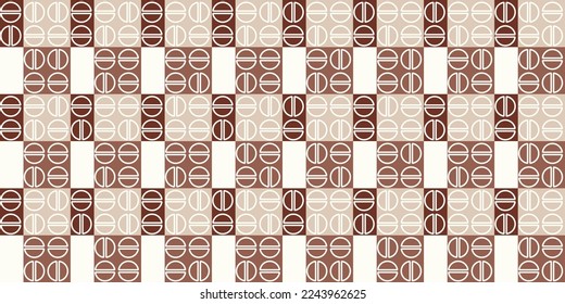Brown, checker, abstract pattern for coffee shop. Seamless checkered pattern and coffee halves. Used as a seamless vector print.