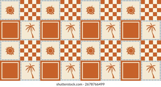 Brauner karierter Sommerstrand nahtloses Muster. Tropische Palme, Sonne. Netter handgezeichneter Boho. Perfekt für Dekor, Stoff, Textil, Tapete, Hintergrund. 